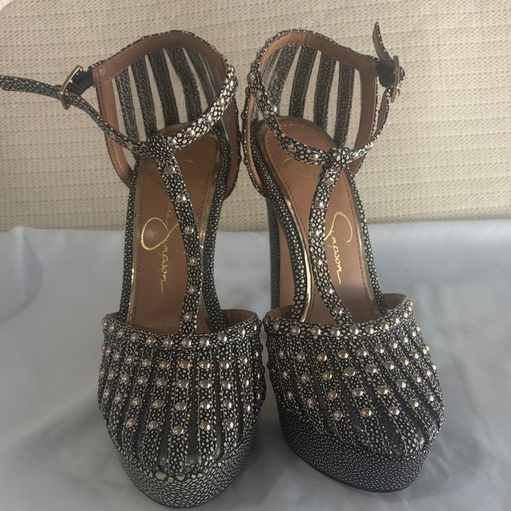 Jessica Simpson Black and Silver Strappy Heels